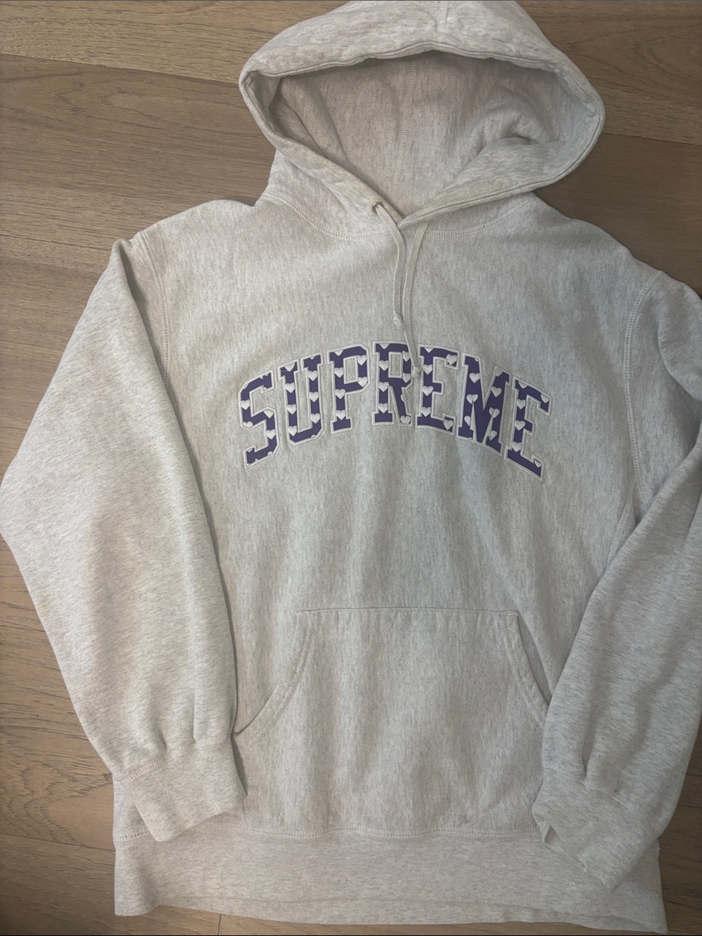 Supreme Light Gray Hoodie with Purple Arch Logo